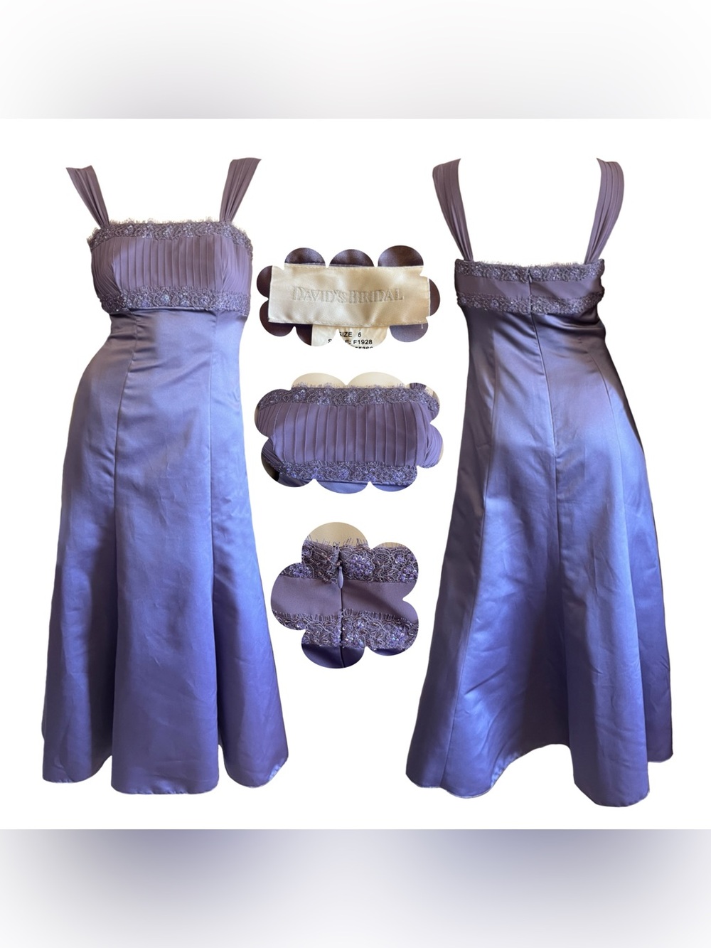 Y2K Vintage Sequin Lace Beaded Bust Lavender Satin Empire Waist Formal Dress